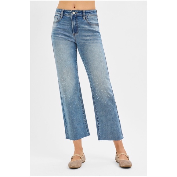 Risen Los Angeles Denim - Medium Wash Rhinestone Detail Raw Hem Cropped Denim Jeans